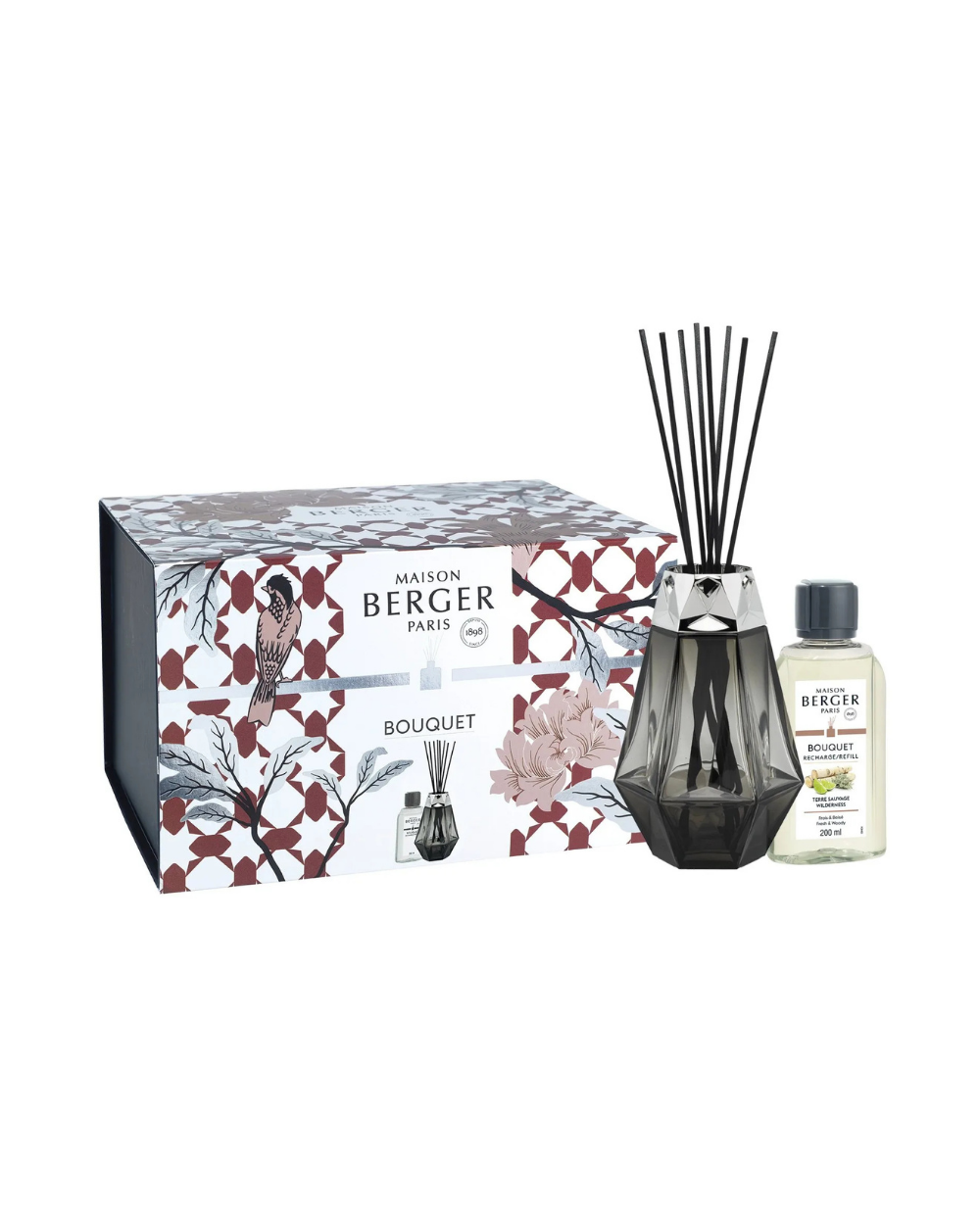 Zestaw Czarnych Patyczków Zapachowych Maison Berger Paris Pryzmat + Olejek Zapachowy „Dziki Ląd” 250ml
